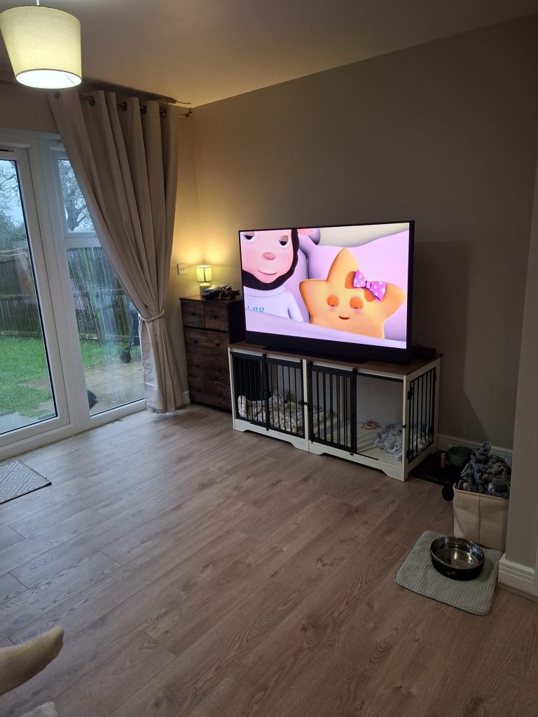 Modern living room with pet playpen under wall-mounted TV, wooden flooring, and glass patio doors leading to garden.