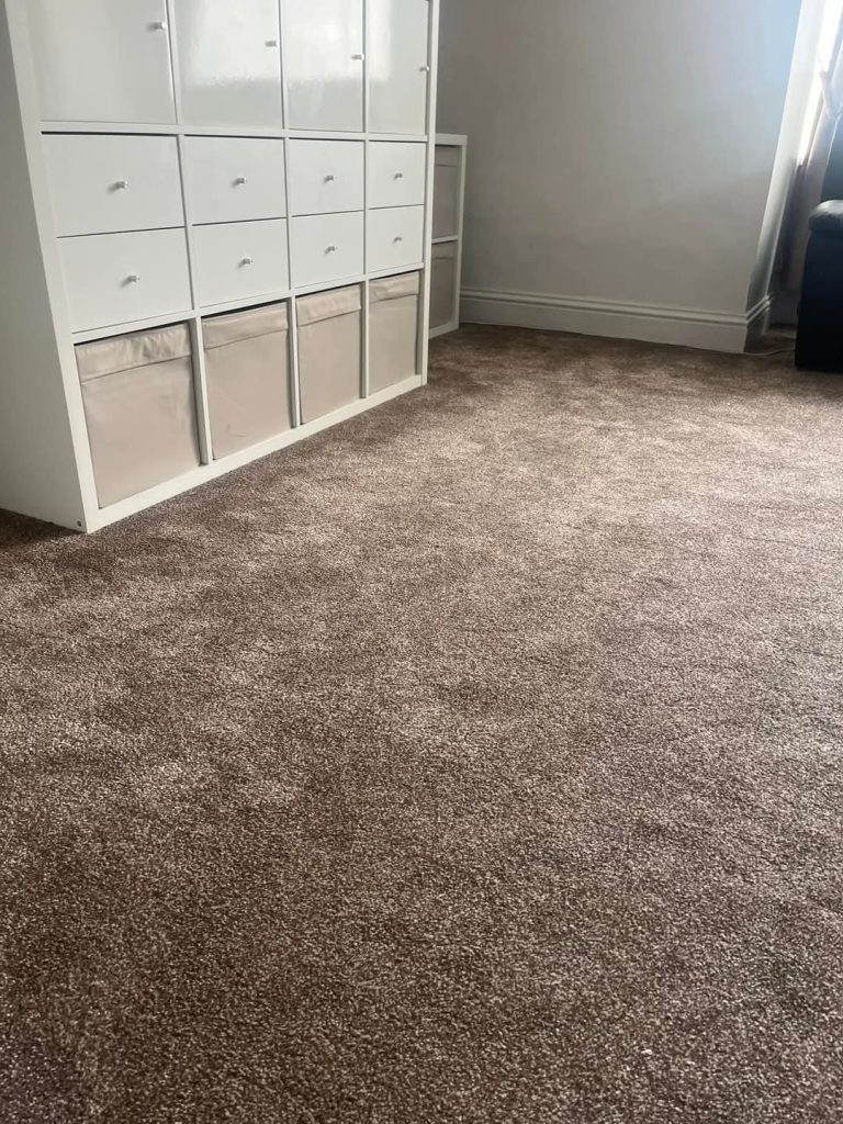 Modern bedroom with white storage unit and brown carpet flooring