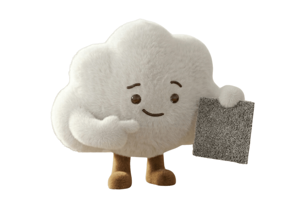 Cute fluffy white cloud character with a smiling face holding a gray sponge or cleaning tool with brown feet.