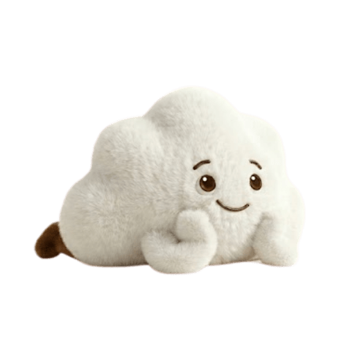 Cute white fluffy cloud plush toy with smiling face and brown tail on white background