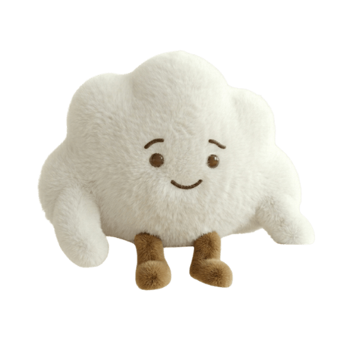 Cute white plush cloud toy with brown feet and smiling face on white background