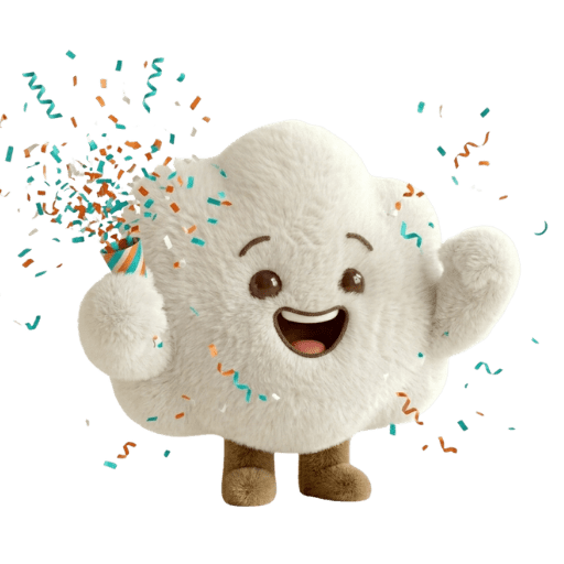 Cheerful fluffy white cloud character celebrating with confetti and streamers on white background.