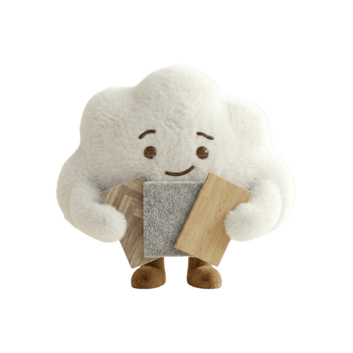 Cute fluffy cloud character holding fabric swatches with happy expression and wooden feet