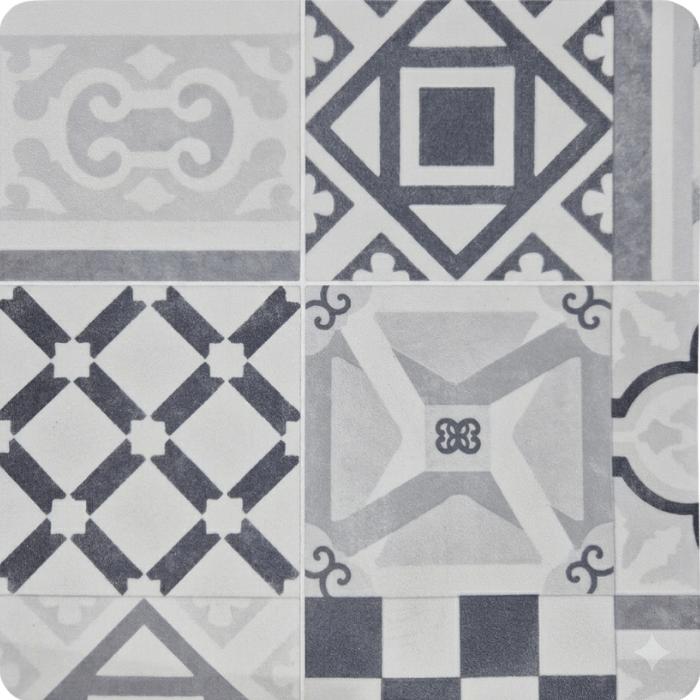 Decorative tile patterns featuring geometric designs in gray, white, and black with ornamental motifs and symmetrical shapes.