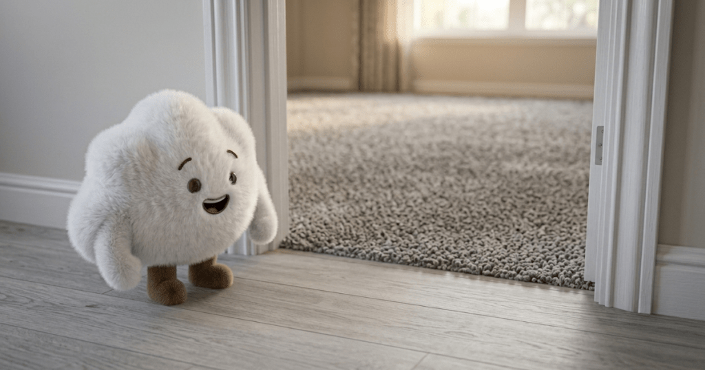 Smiling fluffy white character with brown feet walking on wooden floor near doorway with gray carpet