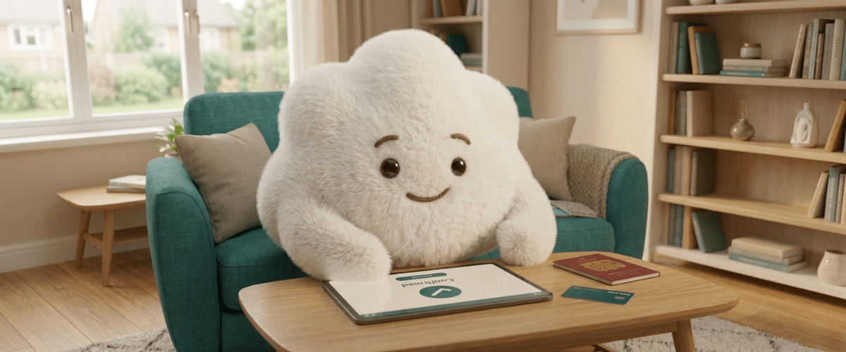 Cute white fluffy cloud character sitting on teal armchair with books on wooden table in cozy home library room.