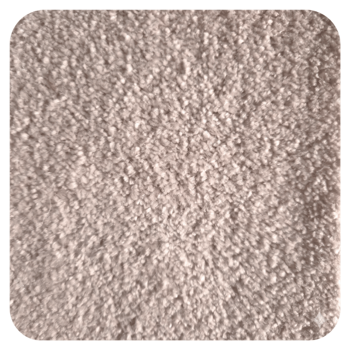 Close-up texture of soft, neutral beige carpet with plush pile fibers and subtle light variations throughout.