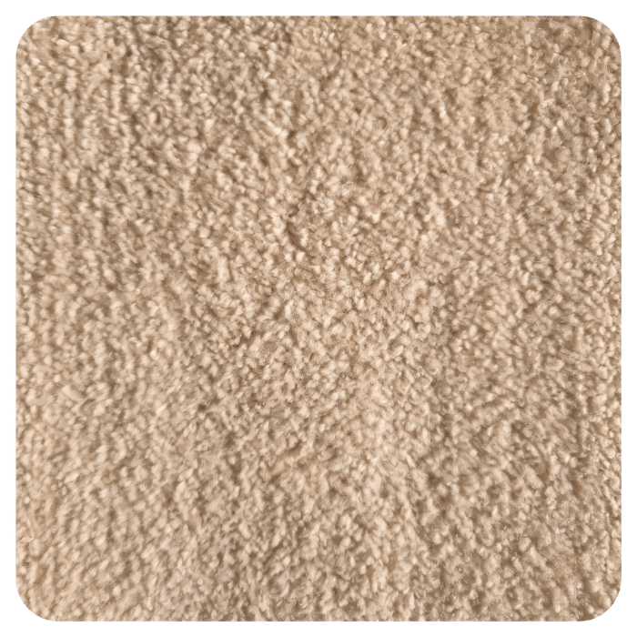 Close-up texture of beige carpet with soft, looped pile fibers showing neutral color and plush material.