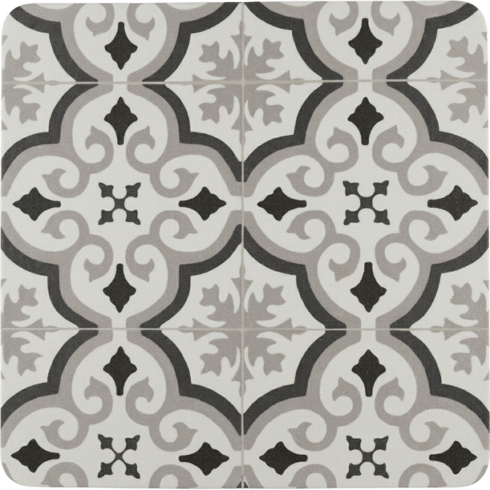 Decorative moroccan tile pattern with black and gray geometric floral designs on white background.