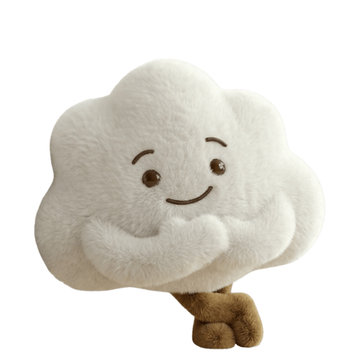 Cute fluffy white cloud character with smiling face and brown legs on white background