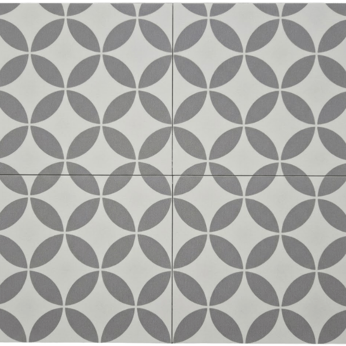 Gray and white geometric tile pattern with repeating circular flower motifs arranged in a seamless grid design.