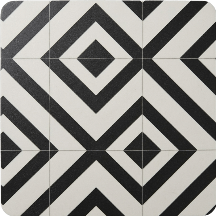 Geometric black and white tile pattern with diagonal chevron stripes and diamond shapes creating a modern, symmetrical design.