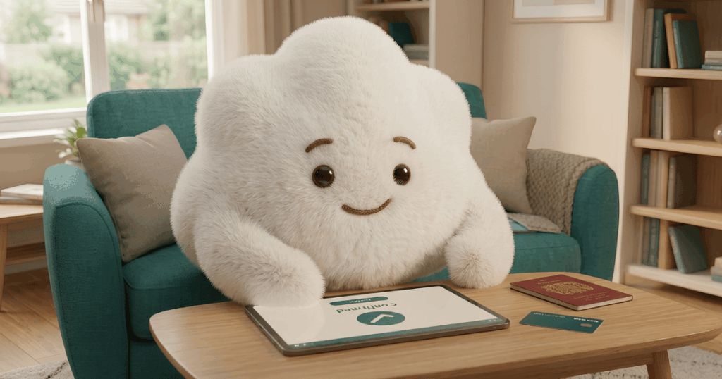 Fluffy white cloud character sitting on teal armchair at wooden desk with laptop and books in bright living room.