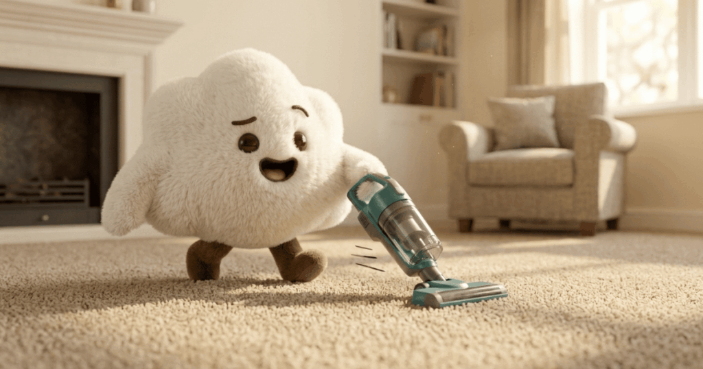 Cute fluffy white character vacuuming carpet with handheld vacuum cleaner in modern living room interior.