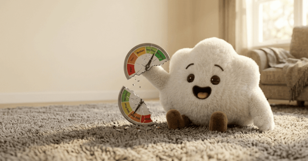 Happy fluffy cloud character sitting on carpet next to air quality gauges in living room