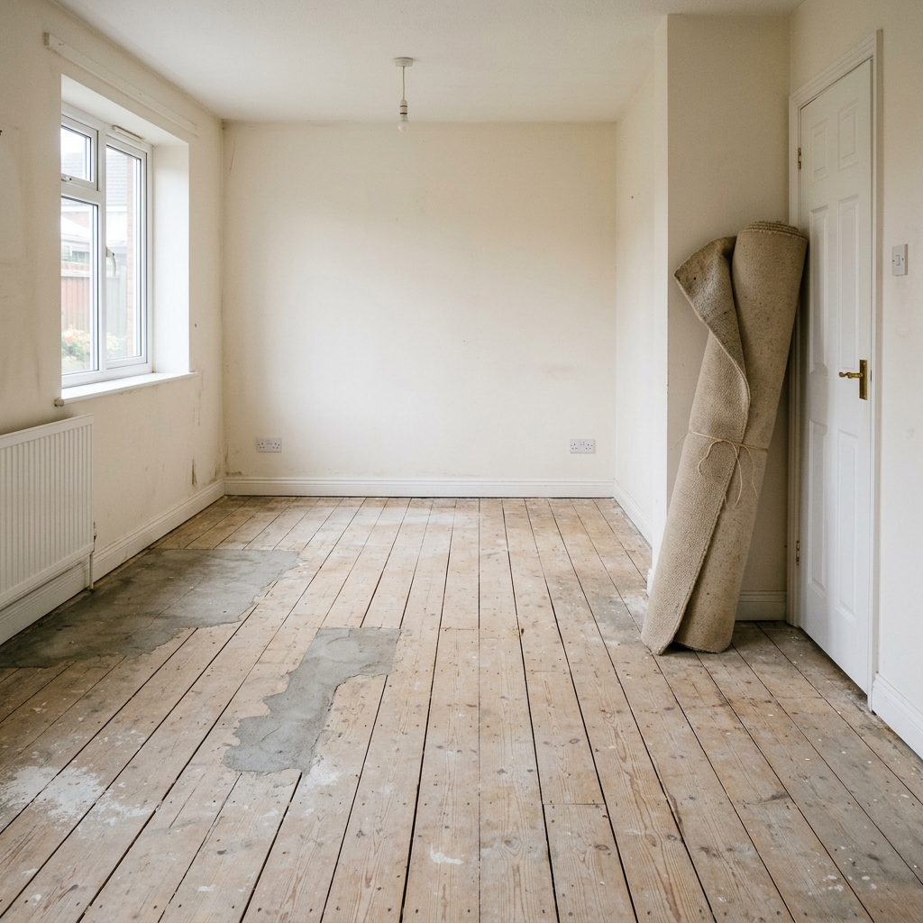 A tidy, empty room ready for new flooring, with old carpet rolled up and stacked by the door