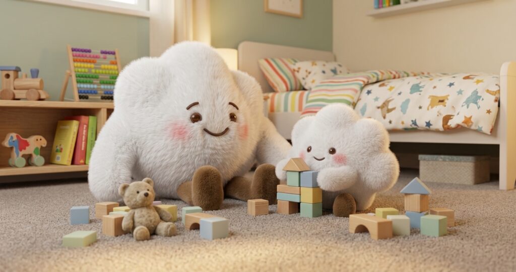 Two fluffy white cloud characters playing with wooden blocks and toys in a cheerful children's bedroom with colorful bedding.
