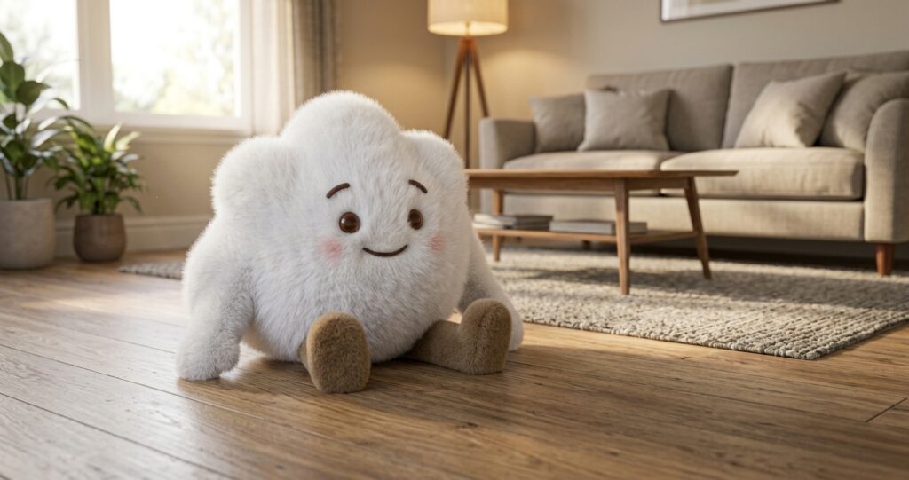 Cute fluffy white character sitting on wooden floor in modern living room with couch and lamp