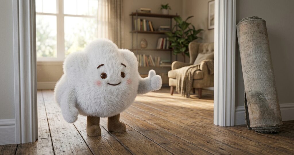 Cheerful fluffy white cloud character with a smiling face standing in a bright modern living room with wooden floors.