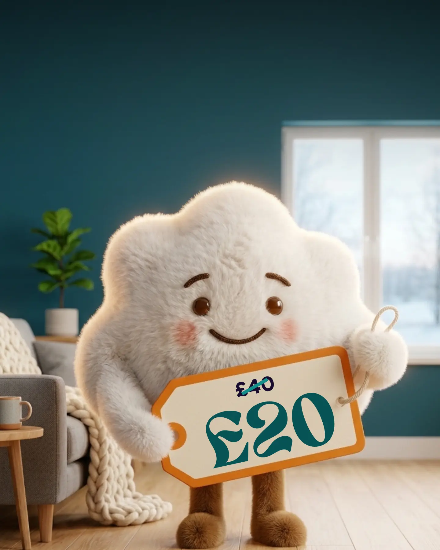 Nimbus the My Dream Flooring cloud holding a price tag showing £40 crossed out and £20